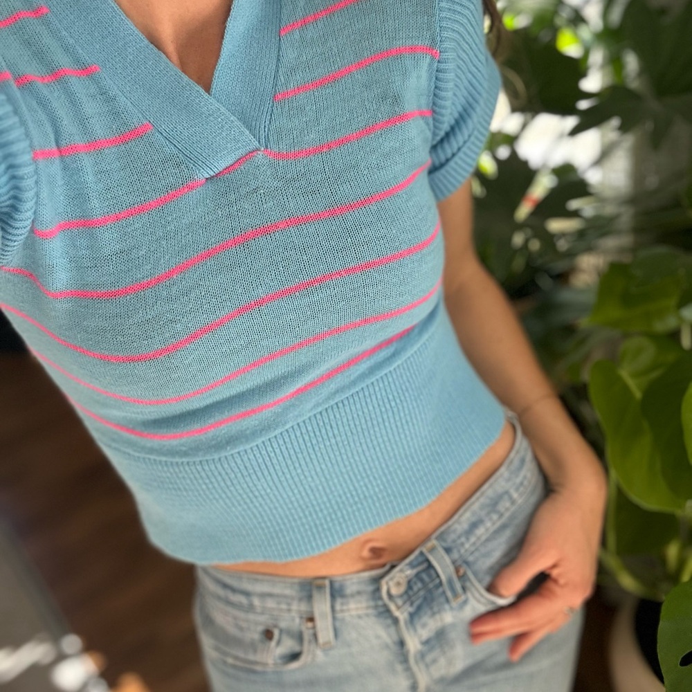 Vintage Blue and Pink Striped Knit Crop Top xs - Picture 3 of 10